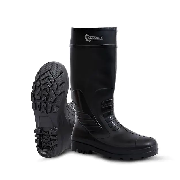 Robustt Steel Toe Lightweight Gum Boots | Standard Steel Safety Shoes | Anti Slip, Waterpoof | Breathable Printed Leather Shoes | Puncture and Tear Resistant | For Industrial Use (Black)